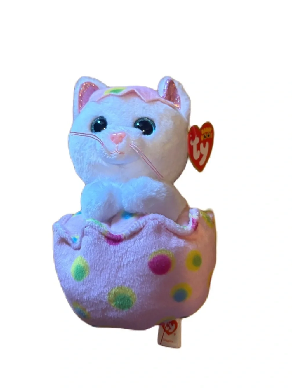 Ty Giggles Plush White Cat in Pink Polka-Dot Egg NEW Easter Stuffed Animal